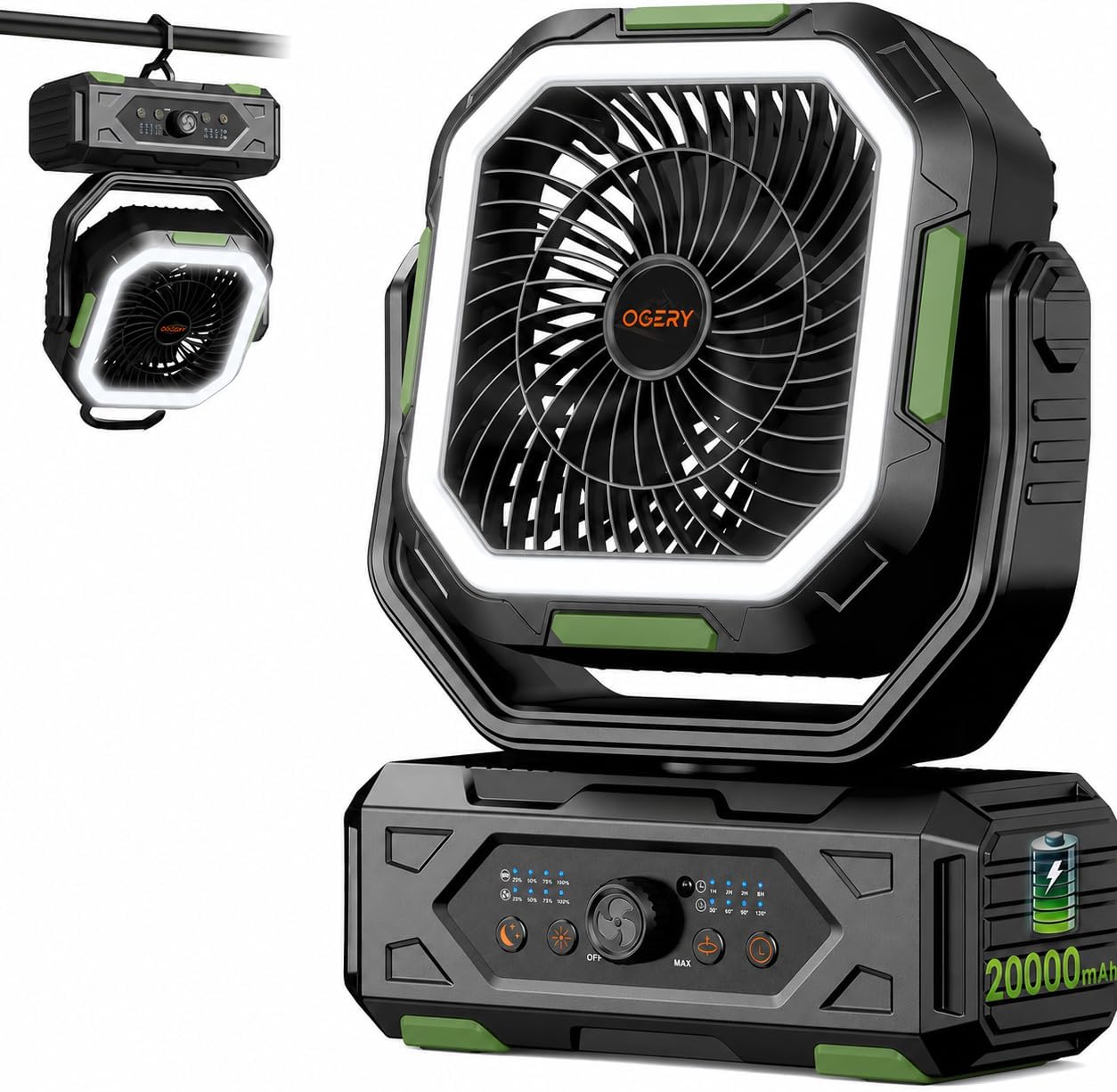 OGERY Camping Fan, Portable Fan Rechargeable with 20000mAh Battery, Stepless Speed Control, Fast Charging, Remote & LED Lantern for Tent, Travel, Car Camping, Camping Essentials