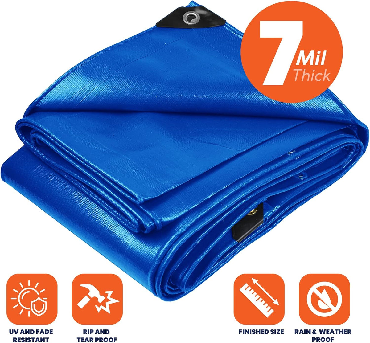 Heavy Duty 7 Mil Tarp Cover, Waterproof, UV Resistant, Rip and Tear Proof, Poly Tarpaulin with Reinforced Edges for Roof, Camping, Patio, Pool Cover, Boat (Blue 50′ X 70′)