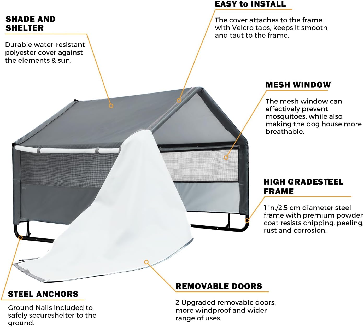 XL Outdoor Dog House for Large Dogs with Mesh Windows, Grey