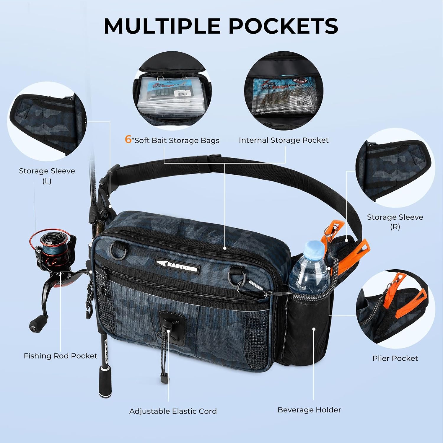 KastKing BaitSpace Waist Bag, Fishing Fanny Pack with Rod Holder