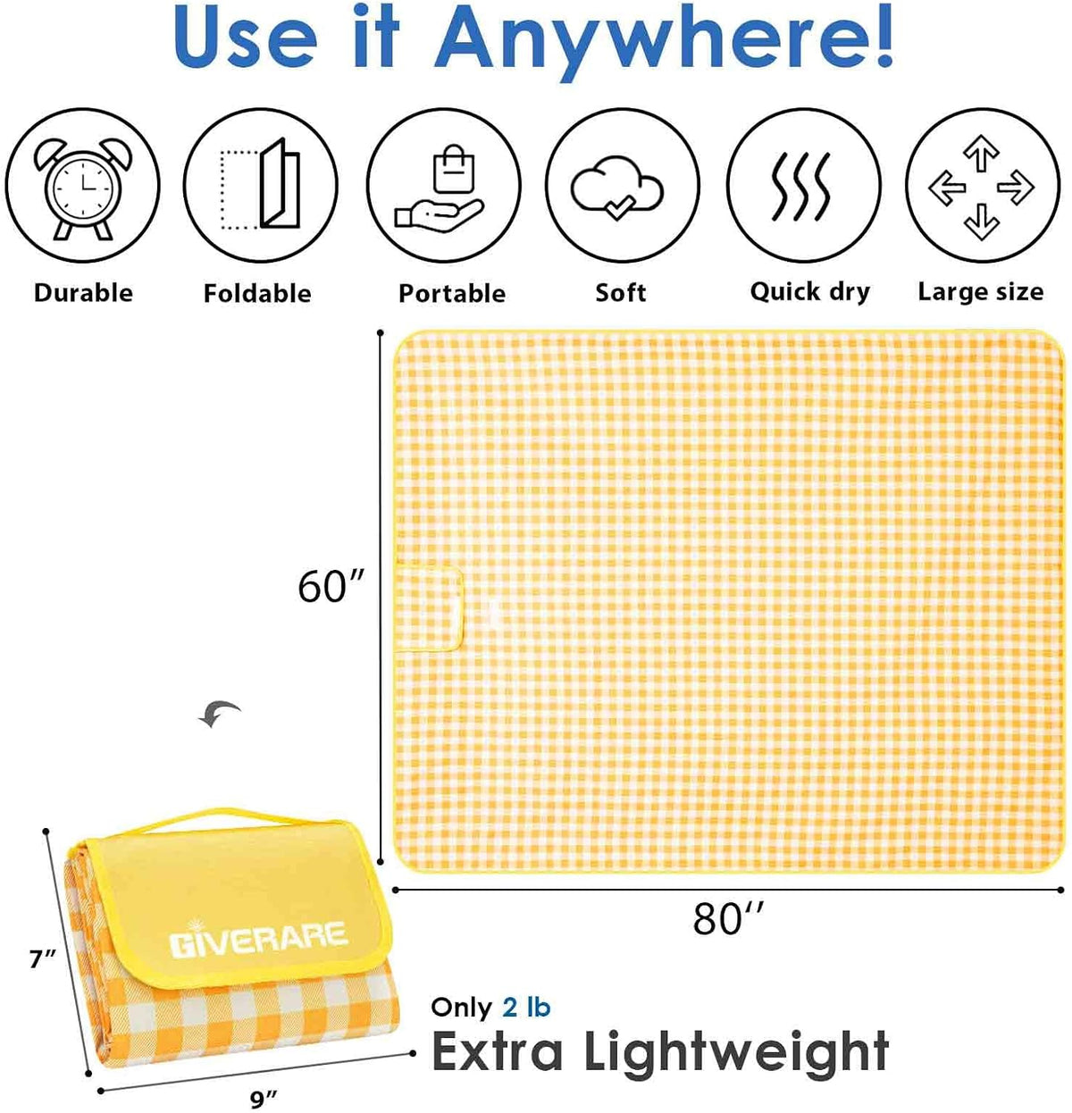 Picnic Beach Blanket Extra Large, XL Sandproof Waterproof Outdoor Camping Blankets 80x60in, Sand Free Oversized Mat, Quick Drying Portable Mats for Travel, Hiking, Music Festival, Lawn-Yellow