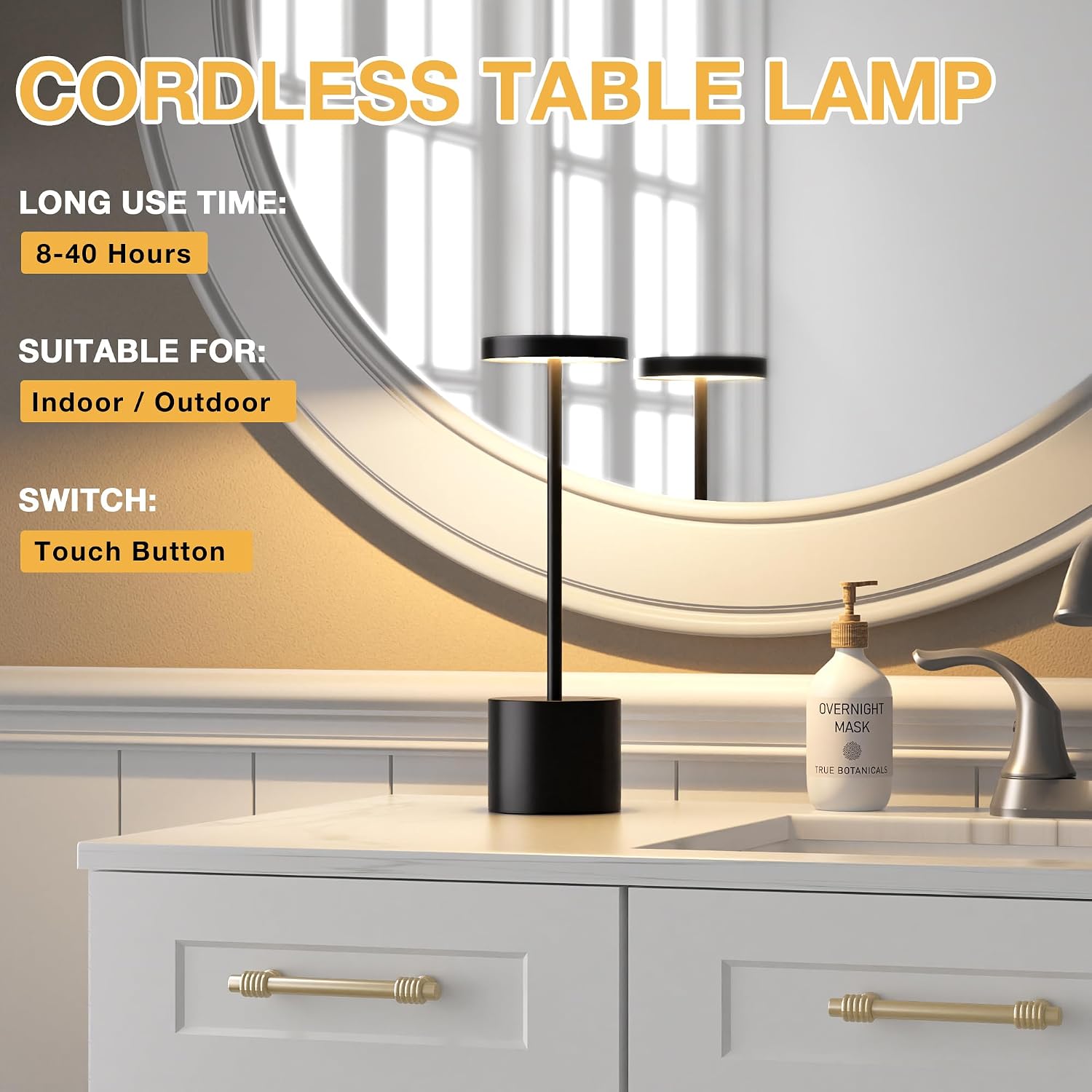 Cordless Rechargeable Table Lamp, 4000mAh Battery Operated, Black, 2 Pack