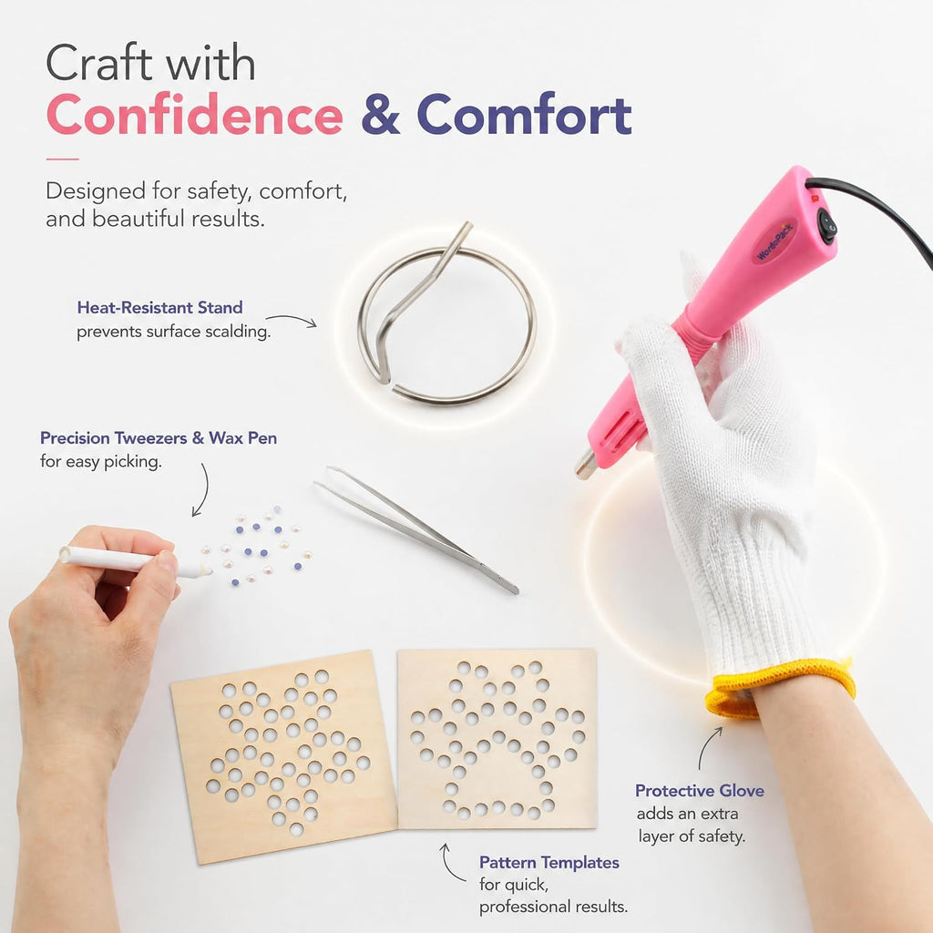 Worthofbest Hot Fix Rhinestone Applicator Tool Kit, 10000Pcs 3/4/5mm Glass Rhinestones & 5mm Hotfix Pearls, Rhinestone Setter with 6 Tips, Stand, Glove, Tray, Templates for Fabric Clothing DIY