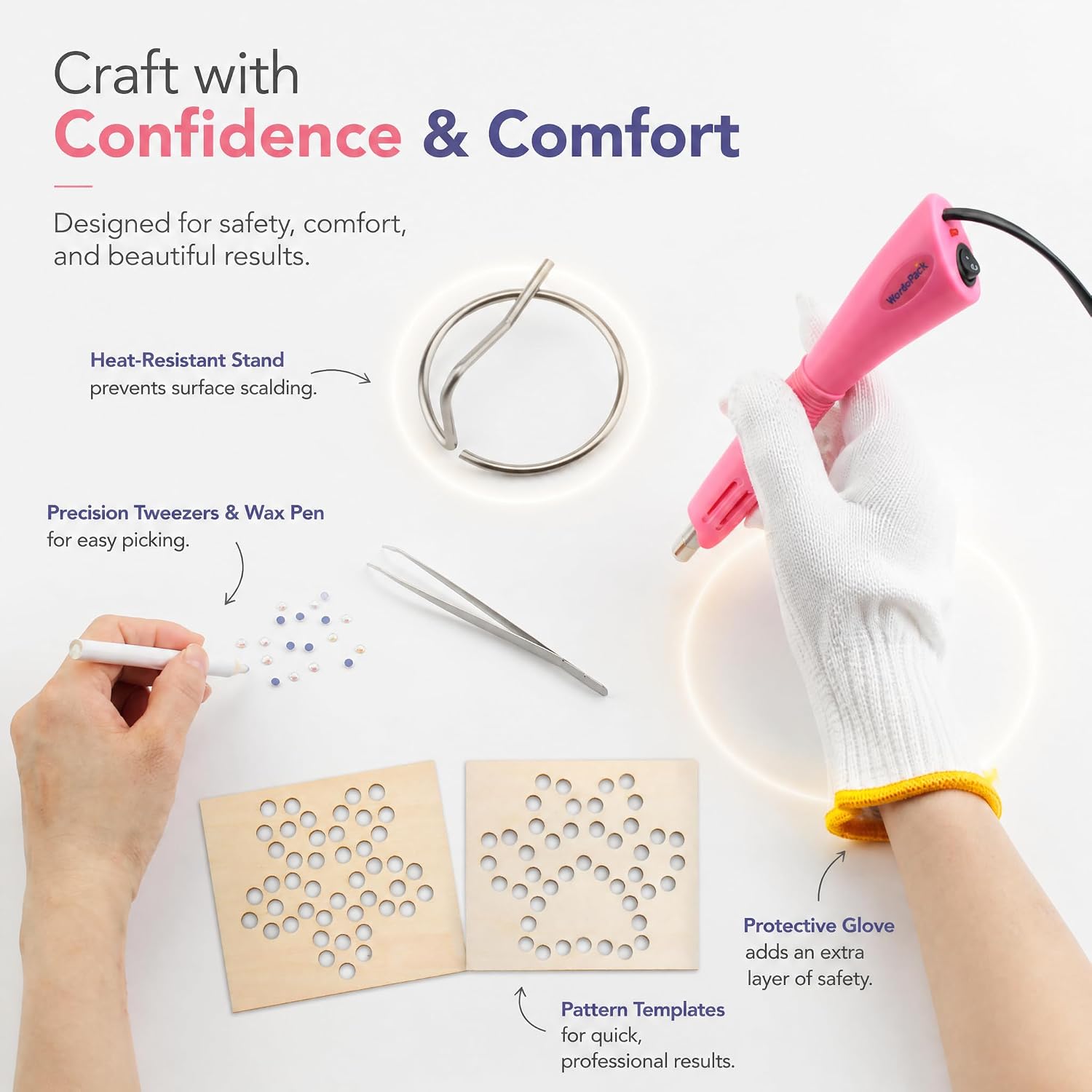 Worthofbest Hot Fix Rhinestone Applicator Tool Kit, 10000Pcs 3/4/5mm Glass Rhinestones & 5mm Hotfix Pearls, Rhinestone Setter with 6 Tips, Stand, Glove, Tray, Templates for Fabric Clothing DIY