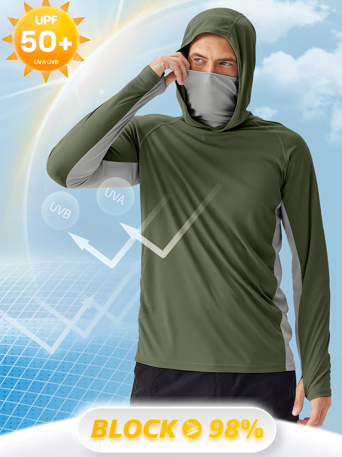 PINSPARK UPF 50+ Sun Hoodie Long Sleeve Fishing Shirts for Men with Mask