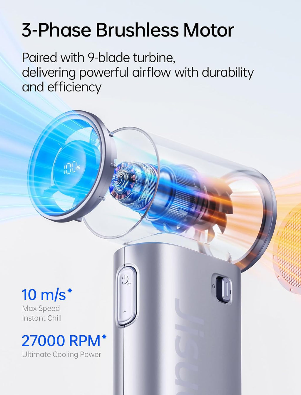 JISULIFE Handheld Fan Life9S - Sleek Chrome: Turbo Power, 22 Hours Cooling