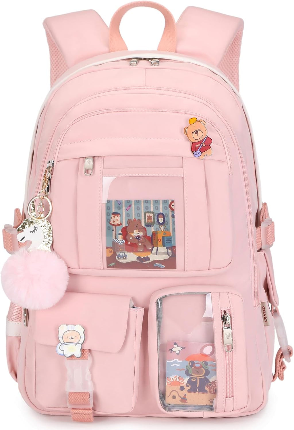 Backpack for Girls with Accessories Laptop Bookbags 16 Inch Kawaii Kids Elementary Middle High School Bag College Travel Daypack Gifts for Teens Women Students (Beige Khaki)