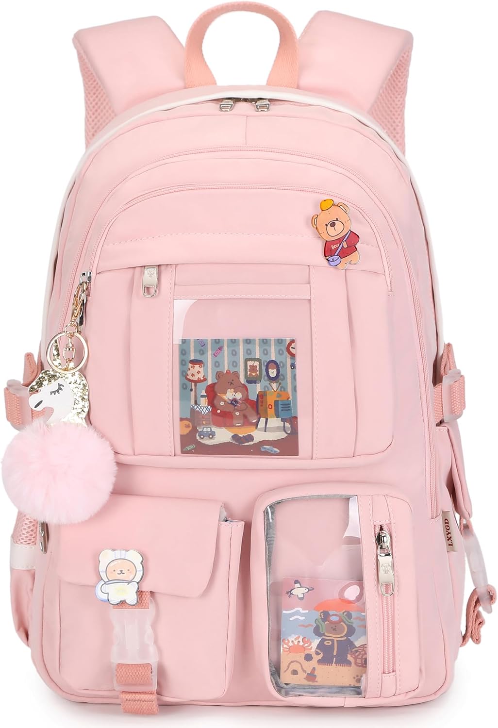 Backpack for Girls with Accessories Laptop Bookbags 16 Inch Kawaii Kids Elementary Middle High School Bag College Travel Daypack Gifts for Teens Women Students (Beige Khaki)