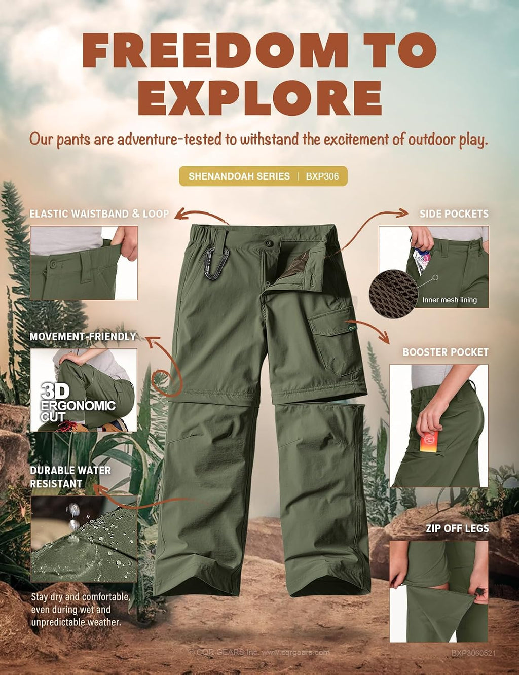 CQR Kids Youth Hiking Cargo Pants, UPF 50+ Quick Dry Convertible Zip Off Pants, Outdoor Camping Pants