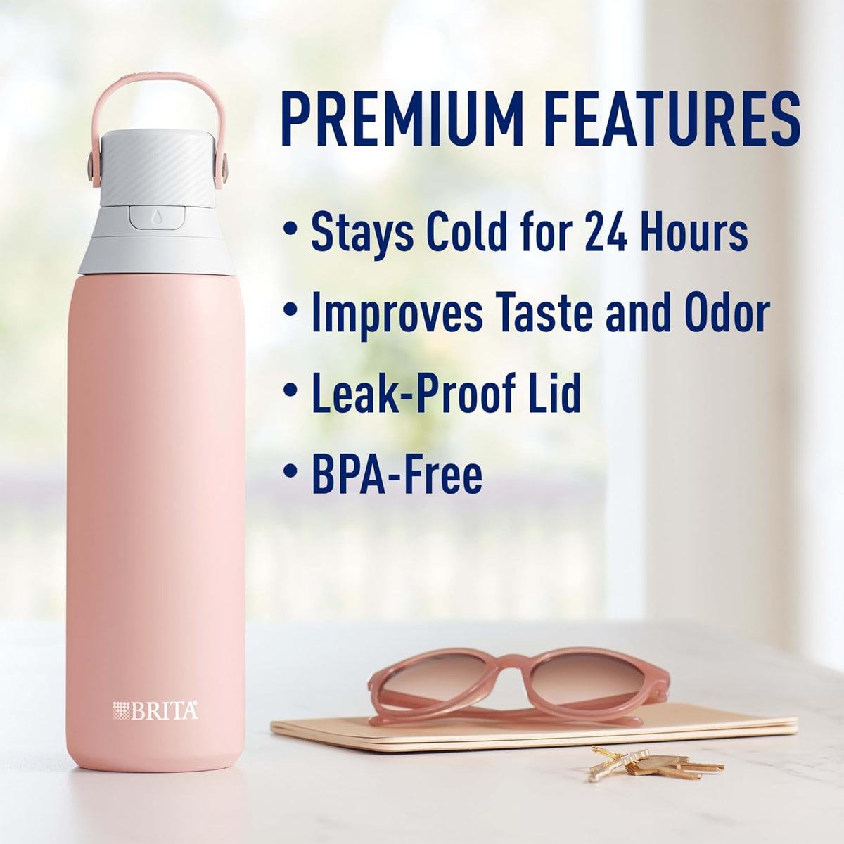 Brita Stainless Steel Premium Filtering Water Bottle, BPA-Free, Reusable, Insulated, Replaces 300 Plastic Water Bottles, Filter Lasts 2 Months or 40 Gallons, Includes 1 Filter, Rose - 20 oz