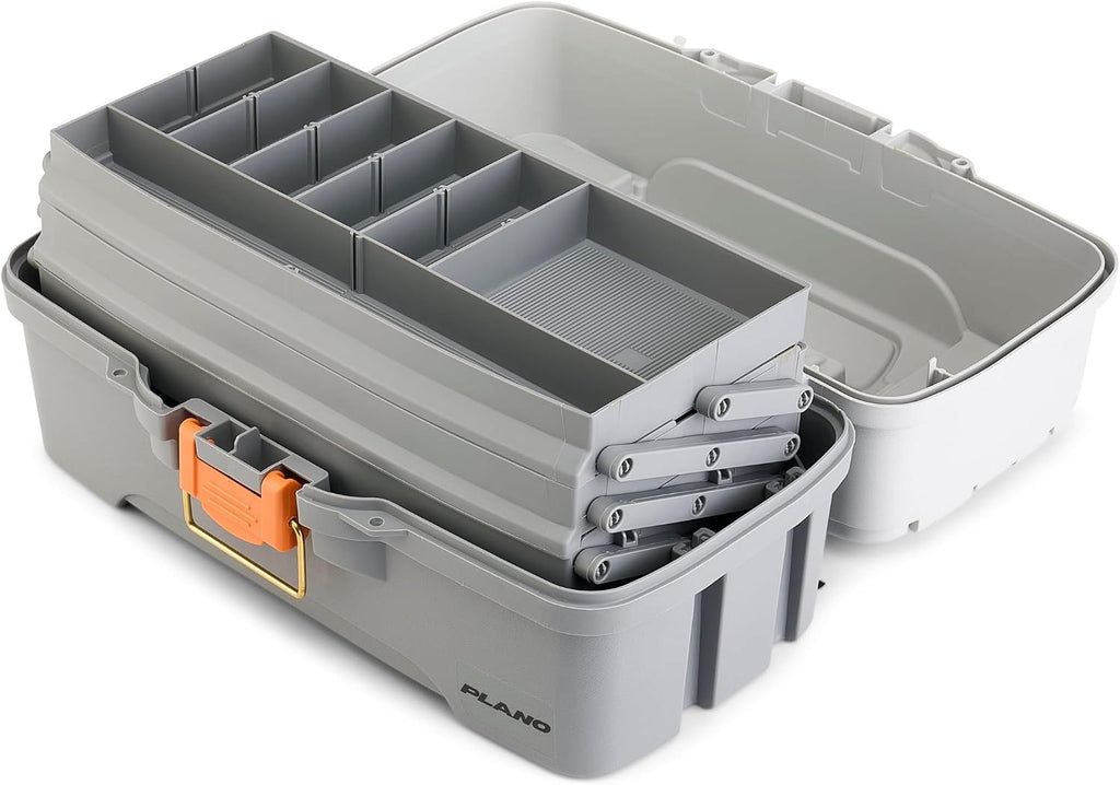 Plano Three-Tray Tackle Box Panfish Kit, Light Grey/Dark Grey, Rust-Proof Brass Latch, Top-Access Tray with Deep Storage, Made in the USA, Portable Fishing Gear Storage Organizer