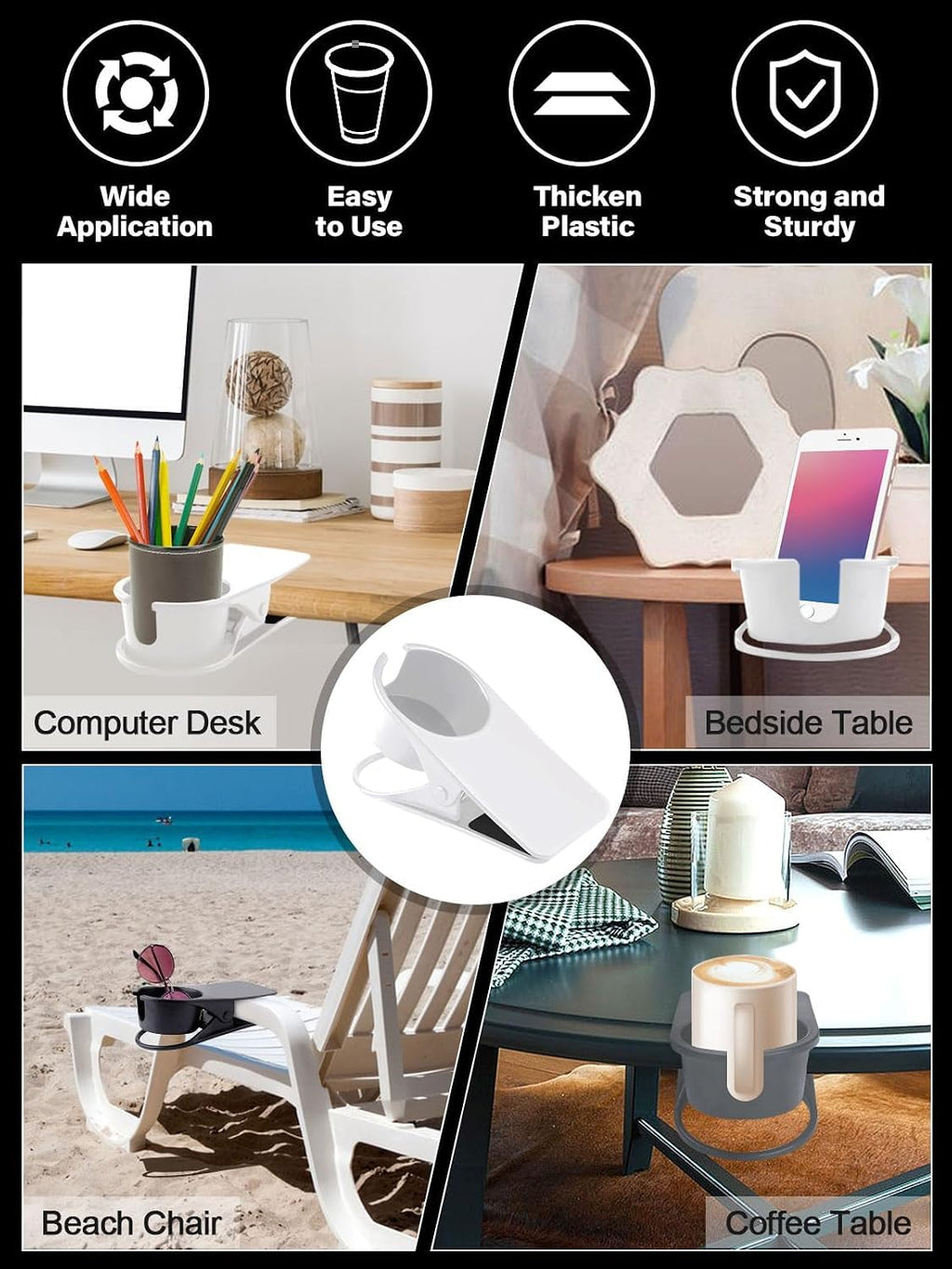 3PCS Clip on Drink Holder for Beach Chair, Desk Cup Holder with Groove