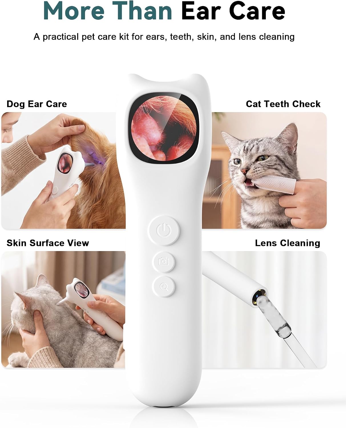 Pet Ear Camera Cleaning Kit with Screen, Dog &amp; Cat Ear Cleaner with 50 Finger Wipes, Gentle Soft Otic Ear Cleaning Pads, Helps Clean Dirt, Wax &amp; Odor-Causing Buildup, Non-Irritating, White