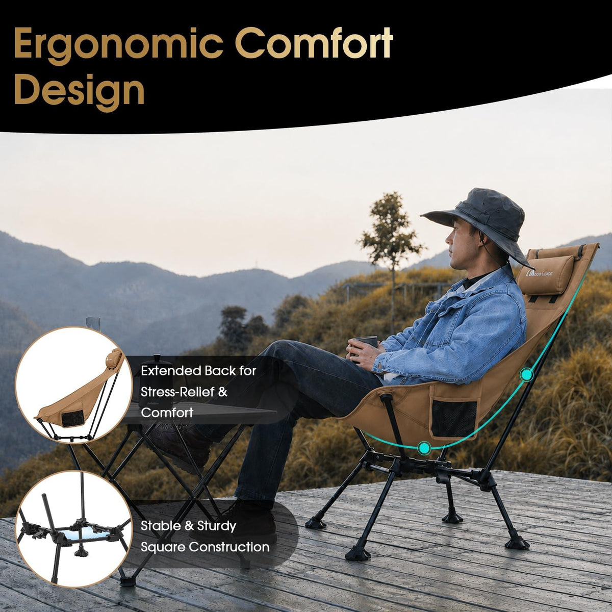 MOON LENCE High Back Folding Camping Chairs, Height-Adjustable, Widened Seat, for Beach with Anti-Sinking Feet (Khaki)