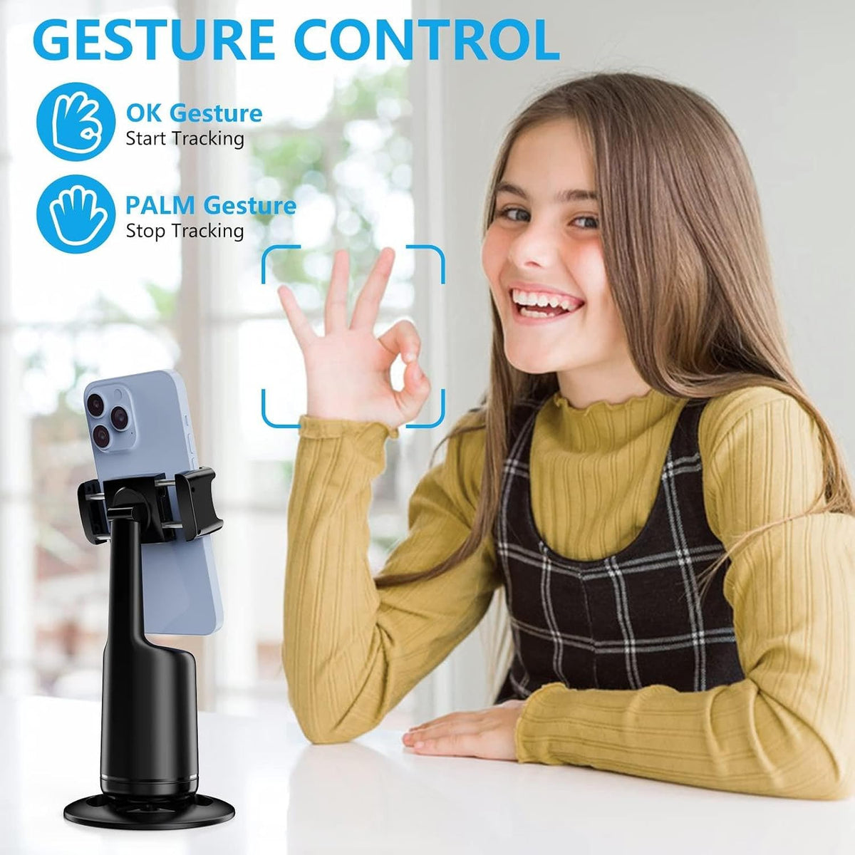Auto Face Tracking Phone Holder, Auto Tracking Tripod 360° Rotating Cell Phone Mount, Face and Body Tracking Phone Stand, No App Required, Gesture Control and Remote, Rechargeable Battery.（Black）