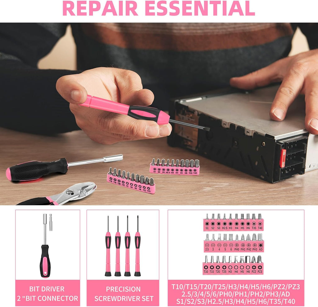144-Piece Household Tool Set, Pink Tool Kit with Plastic Toolbox