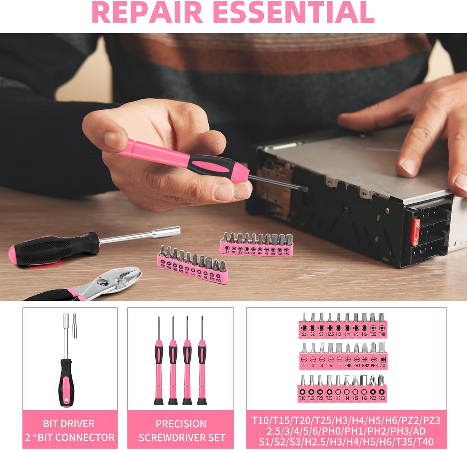 144-Piece Household Tool Set, Pink Tool Kit with Plastic Toolbox