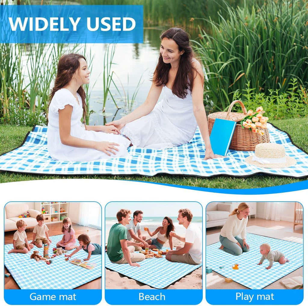 OBTANIM Extra Large Picnic Blanket 80 x 80 Inch Waterproof Foldable Beach Blankets Outdoor Picnic Mat for Camping Grass Lawn Park Music Festival Party Accessories (Blue and White)