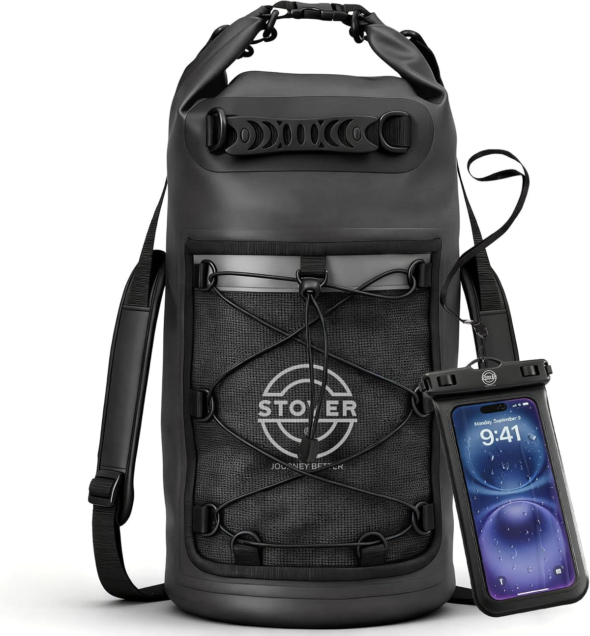 STOVER 5/10/25/30/40L Waterproof Dry Backpack & Phone Case- Large Floating Dry Bag for Kayaking, Travel, Hiking, Fishing, Camping, Motorcycles & Beach, Heavy-Duty Roll Top Men/Women (Black)