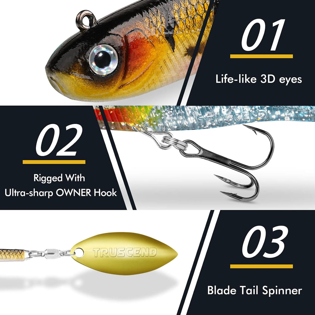 TRUSCEND Shadtale Easy Catch Soft Fishing Lures with BKK Hooks - Trembly Sinking and Vibrating Swim for More Bites, Pre-Rigged Swimbaits for Bass, Trout, Crappie, Walleye, Freshwater Saltwater Fishing