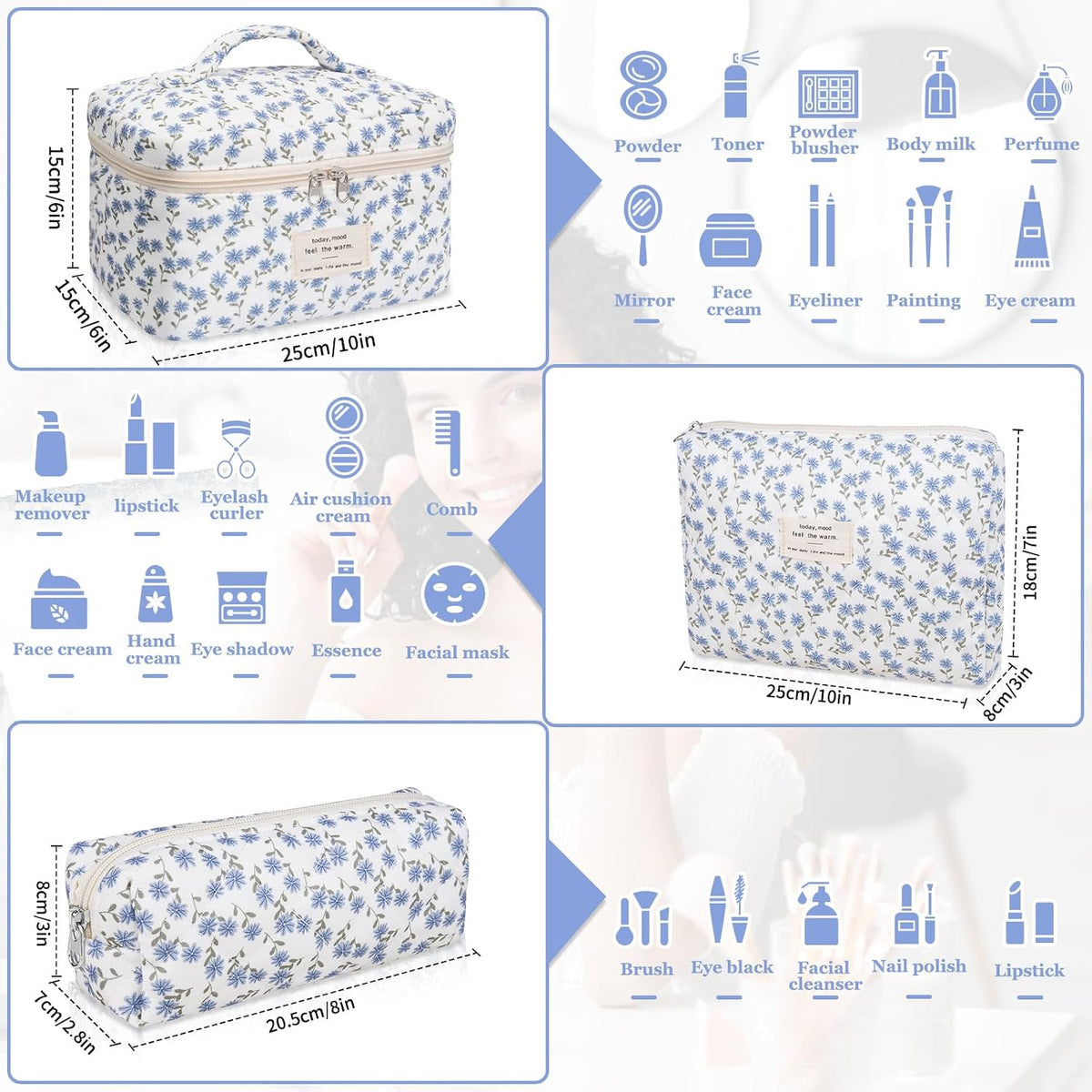 Gosect Makeup Bag Set, Quilted Makeup Bag, Large Floral Cosmetic Bag for Women, Cute Cotton Makeup Bags, Flower Travel Toiletry Organizer Bag (Blue Peacock Flower)