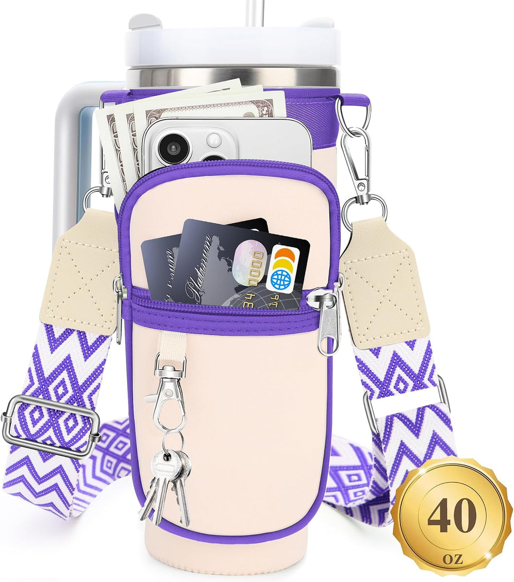 Water Bottle Carrier Bag with Canvas Shoulder Strap for Stanley 40 oz Tumbler with Handle, Water Bottle Holder Pouch with 6.7'' Phone Pocket for Stanley Cup Accessories, Birthday Gifts for Men Women