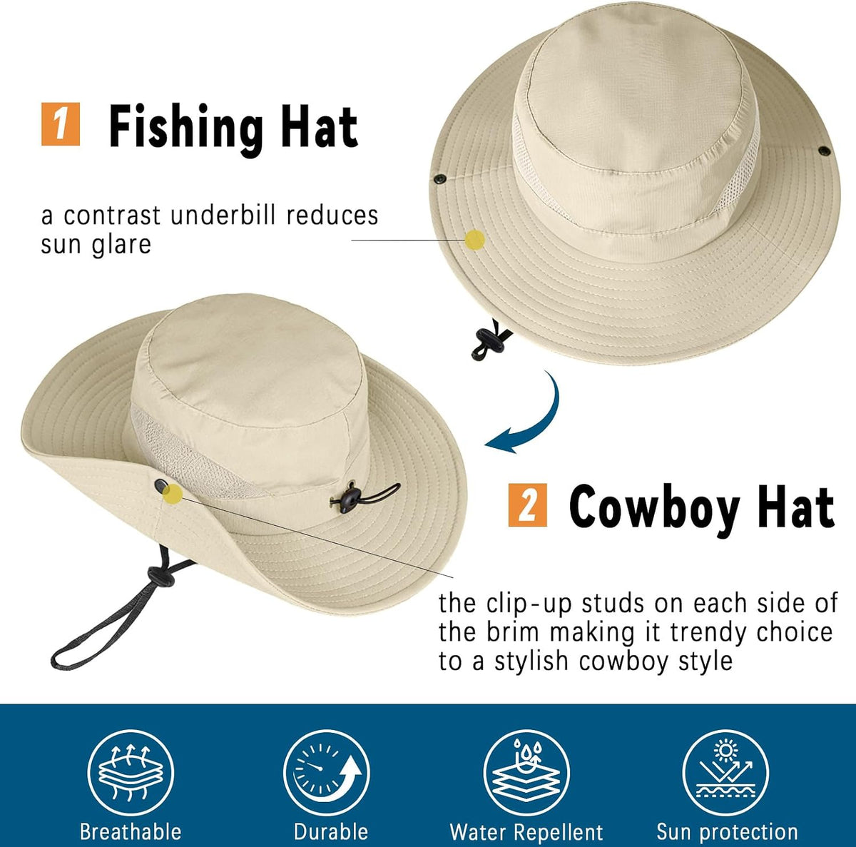 ZOORON Sun Hats for Men Women, Wide Brim Safari Hats UV Protection UPF50+ Waterproof Boonie Hats for Fishing Hiking Camping