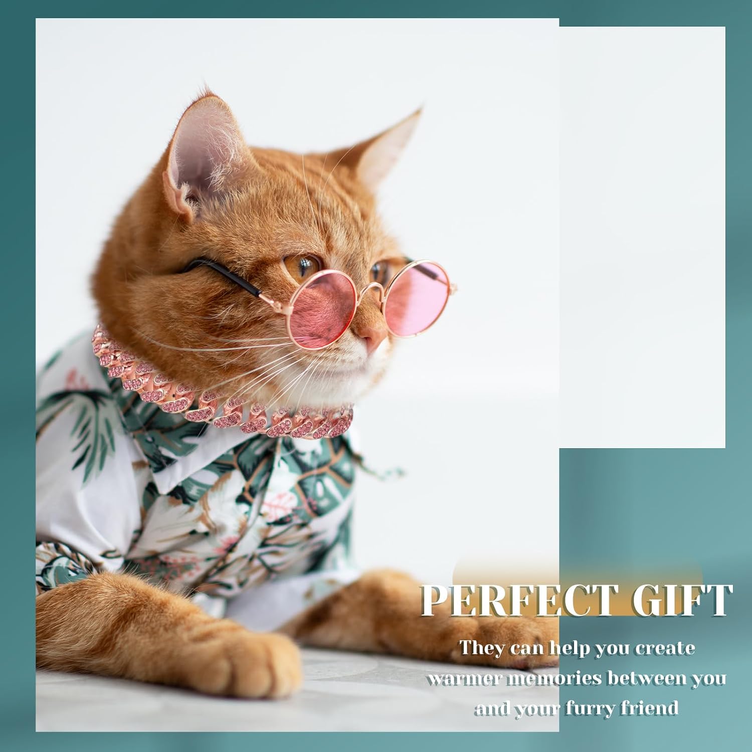 Xuniea 2 Pieces Cat Dog Chain Collar and Sunglasses Set Rhinestone Necklace with Secure Buckle Round Glasses for Doll Cat Dog Pet Accessories(10 Inch,Rose Gold, Pink)
