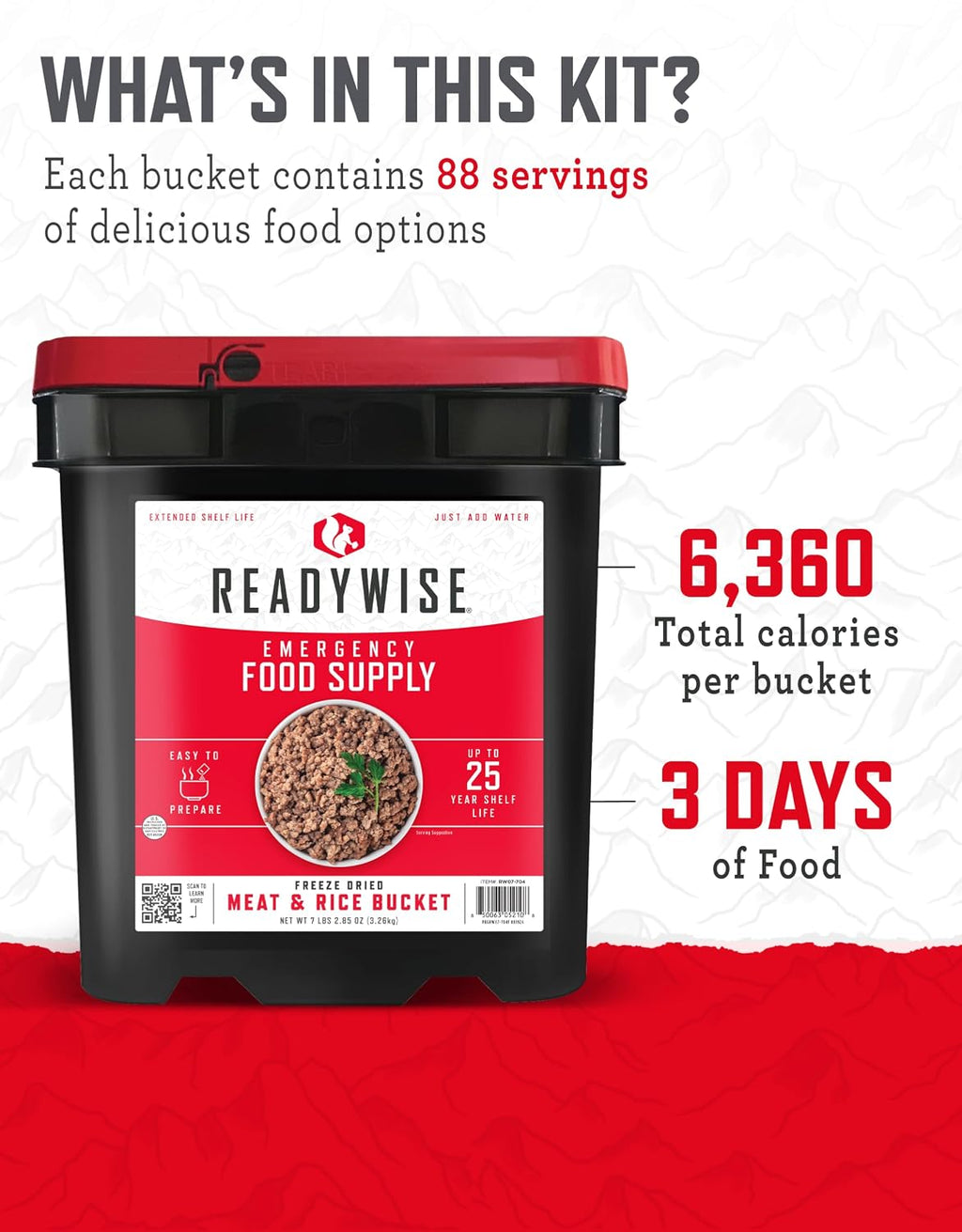 READYWISE Emergency Food Survival Supply Meat and Rice Bucket, 88 Servings