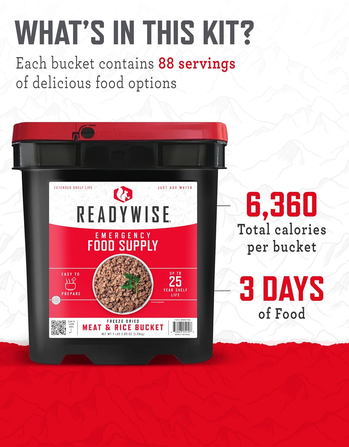 READYWISE Emergency Food Survival Supply Meat and Rice Bucket, 88 Servings