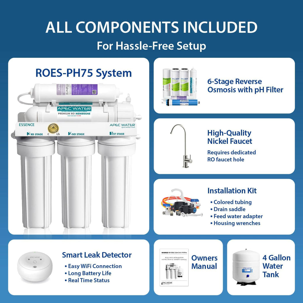 APEC Water ROES-PH75LD, 6-Stage Under Sink RO System, Alkaline, 75 GPD