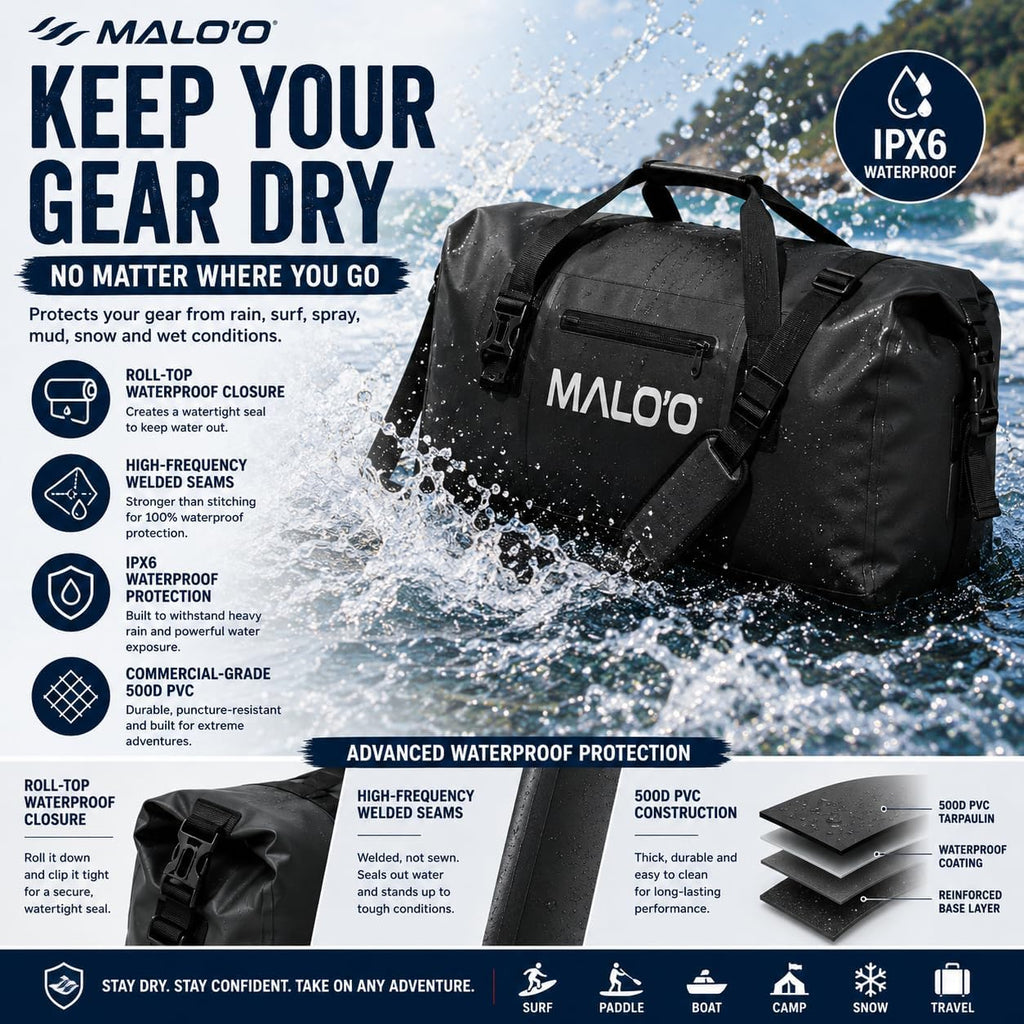 Malo’o Waterproof Dry Duffel, Heavy-Duty Roll Top Waterproof Gear Bag with Shoulder Strap & Molle Loops, Marine Duffel for Kayaking, Boating, Camping, Beach & Travel, Black, 40L