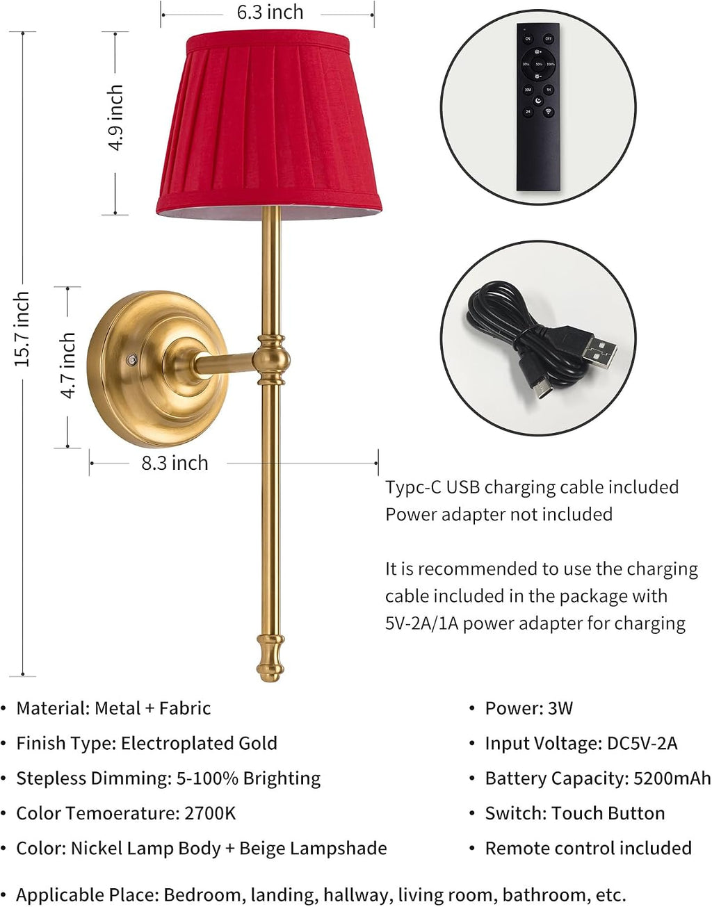 KDG Gold Cordless Wall Sconces Set of 2, Red Fabric LED Wall Lamps