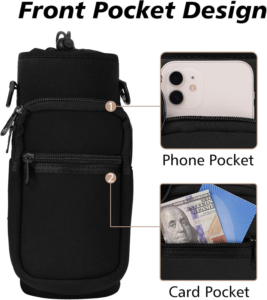 AceTreker 32 40 oz Water Bottle Carrier with Strap, Neoprene Water Bottle Sleeve Bag with 2 Pockets Insulated Flask Sling Holder for Walking Hiking Gym