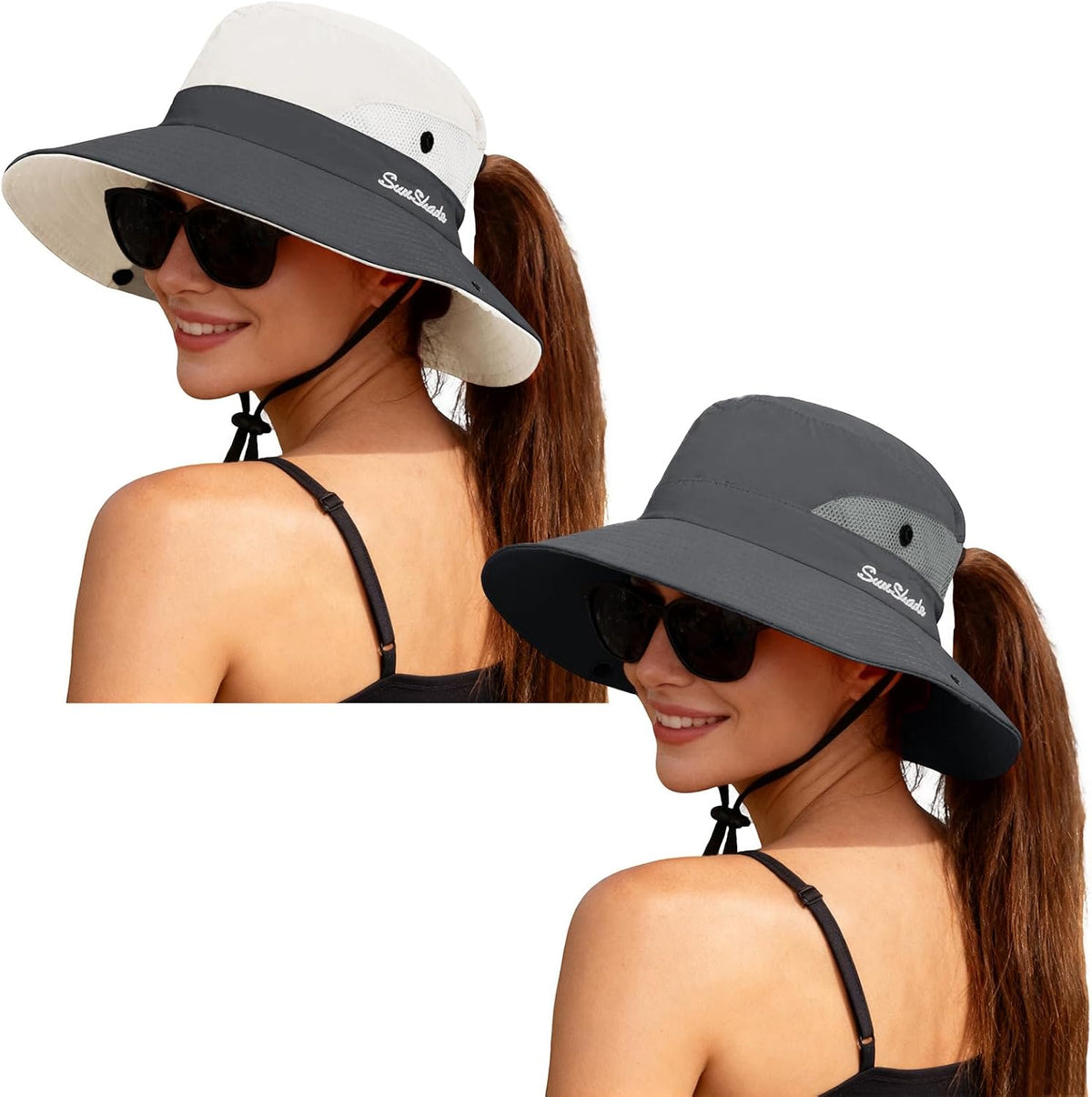 ZOORON Women's Ponytail Safari Sun Hat,Wide Brim UV Protection Bucket Hat