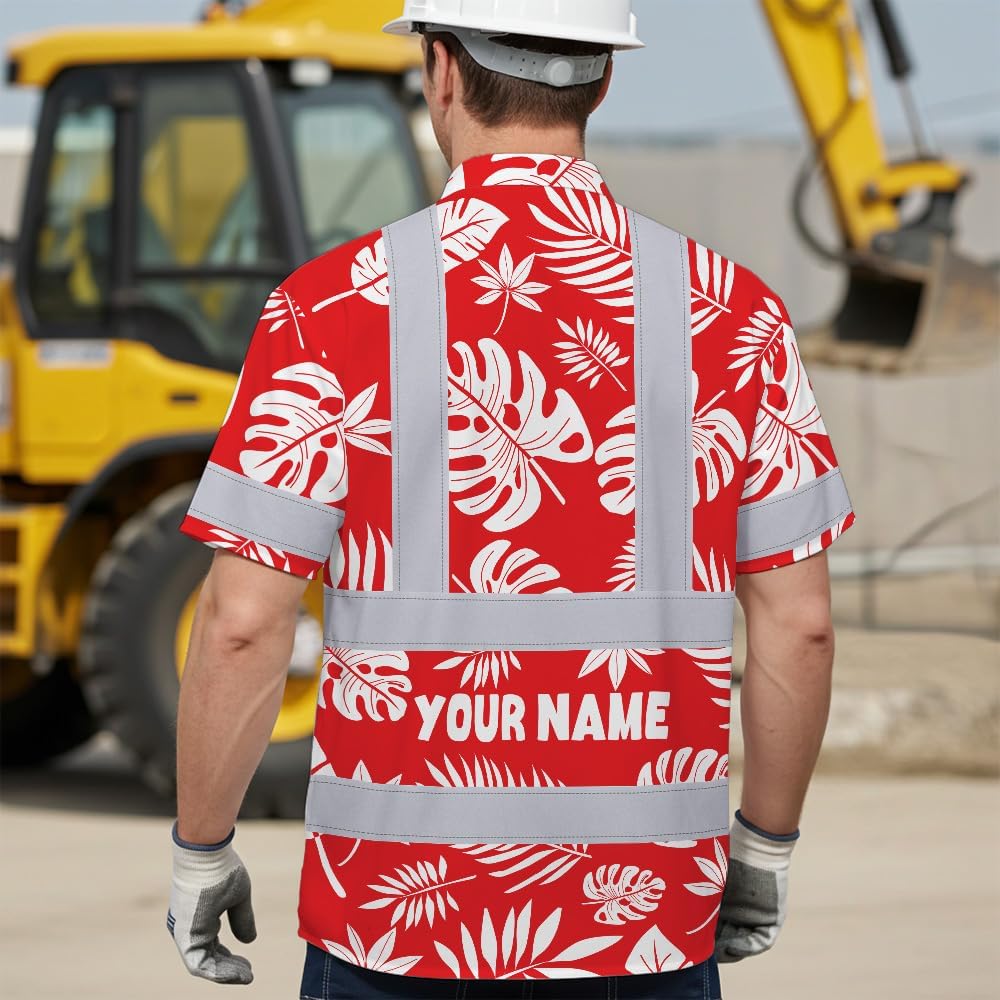High Visibility Hawaiian Shirt for Men Tropical Shirts Custom Name Floral Outfit Reflective Safety Workwear