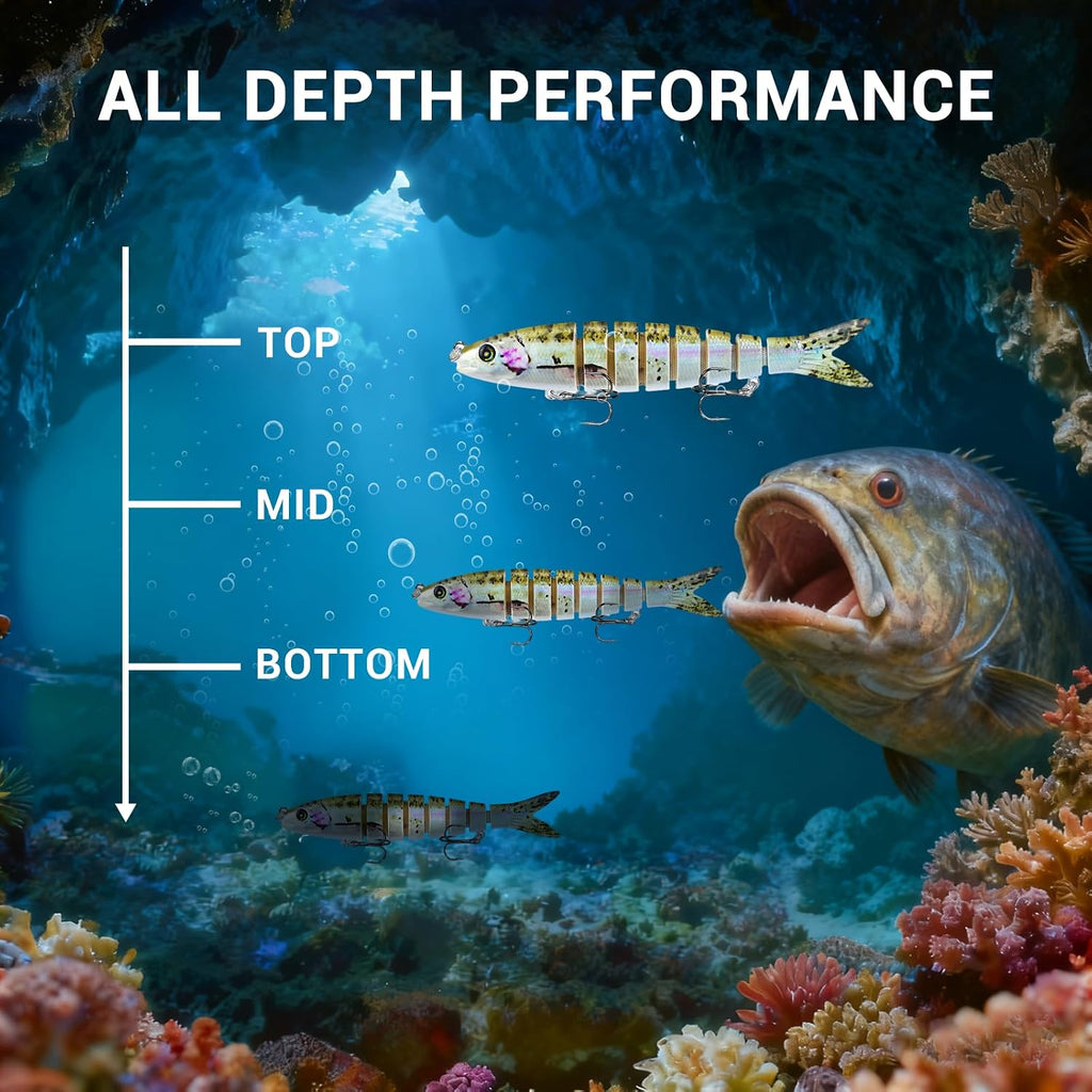 Keenjorika Multi-Jointed Swimbaits, 3 Pack Slow-Sinking Segmented Fishing Lures with Rattle and Treble Hooks for Bass, Trout, Pike and Walleye, Freshwater and Saltwater
