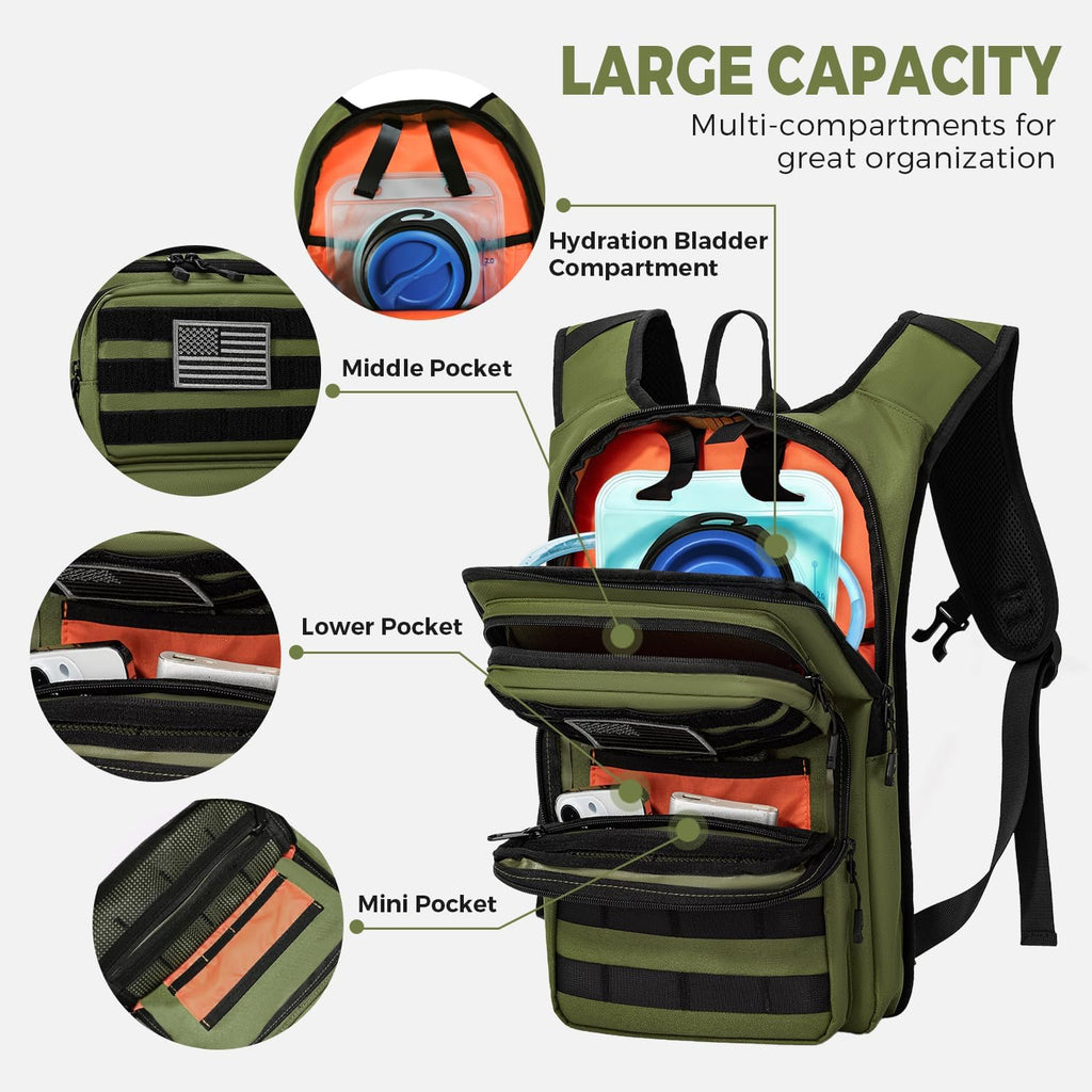 Koculemi Tactical Hydration Backpack with 2L Water Bladder and Front Small Tactical Pouch, Outdoor Water Backpack for Men Women, Sports Hydration Pack for Hiking, Cycling,Climbing