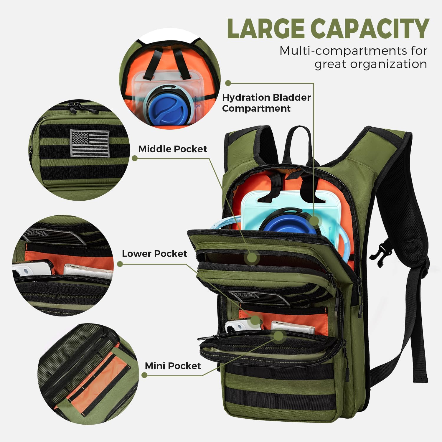 Koculemi Tactical Hydration Backpack with 2L Water Bladder and Front Small Tactical Pouch, Outdoor Water Backpack for Men Women, Sports Hydration Pack for Hiking, Cycling,Climbing