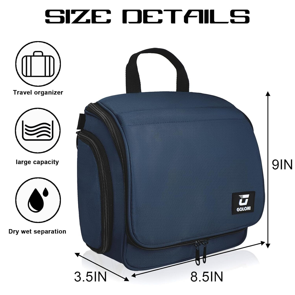 Goloni Hanging Toiletry Bag for Men Women, Water-Resistant Organizer,Blue