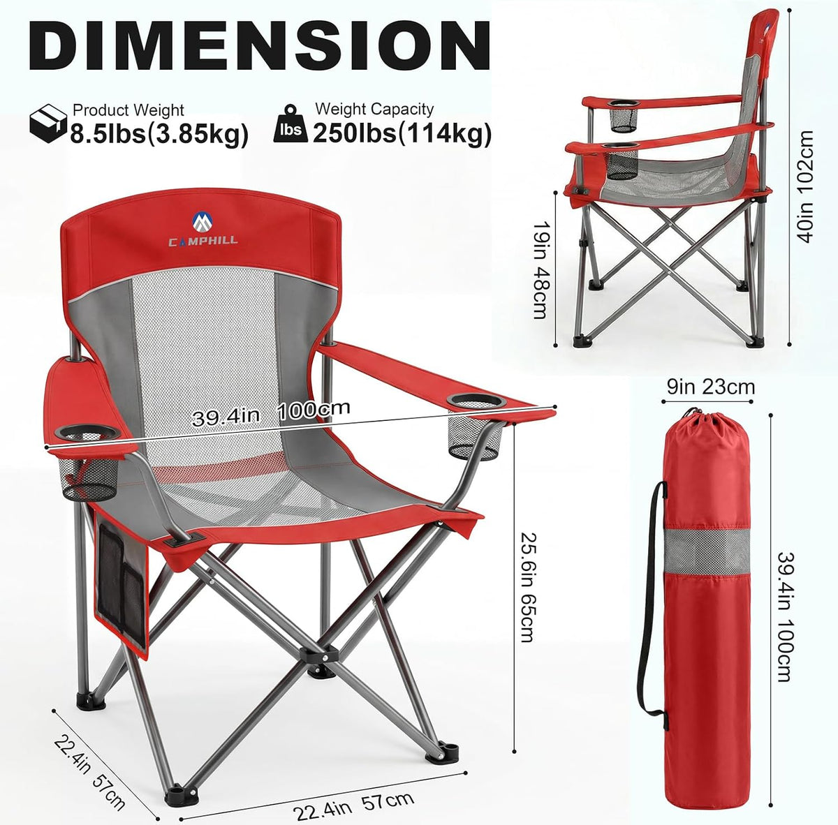 2 Pack Camping Chairs for Adults,Oversized Mesh Back Lawn Chair with Cup Holder, Side Pocket&Bag for Outdoor,Beach,Picnic,Fishing,and Sports,Breathable,Heavy Duty,Red