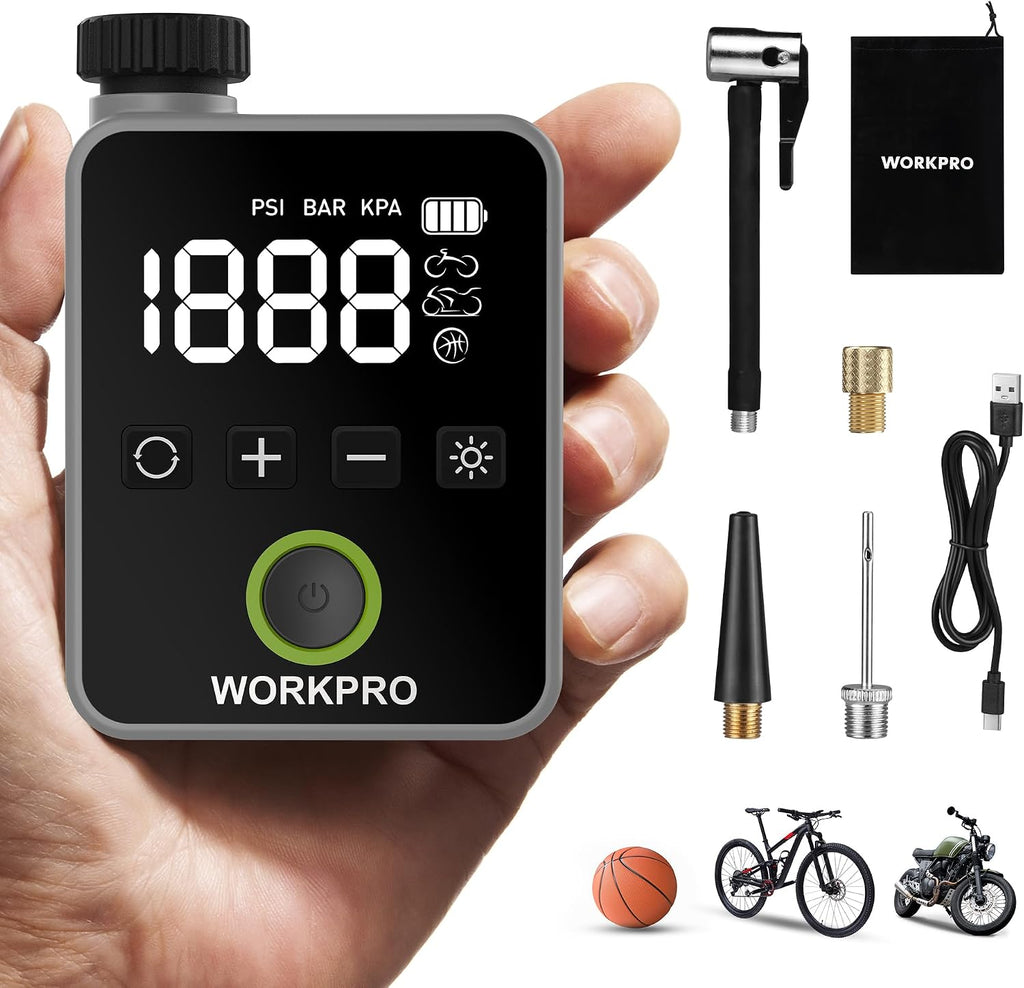 WORKPRO Mini Electric Bike Pump, 140 PSI Portable Tire Inflator