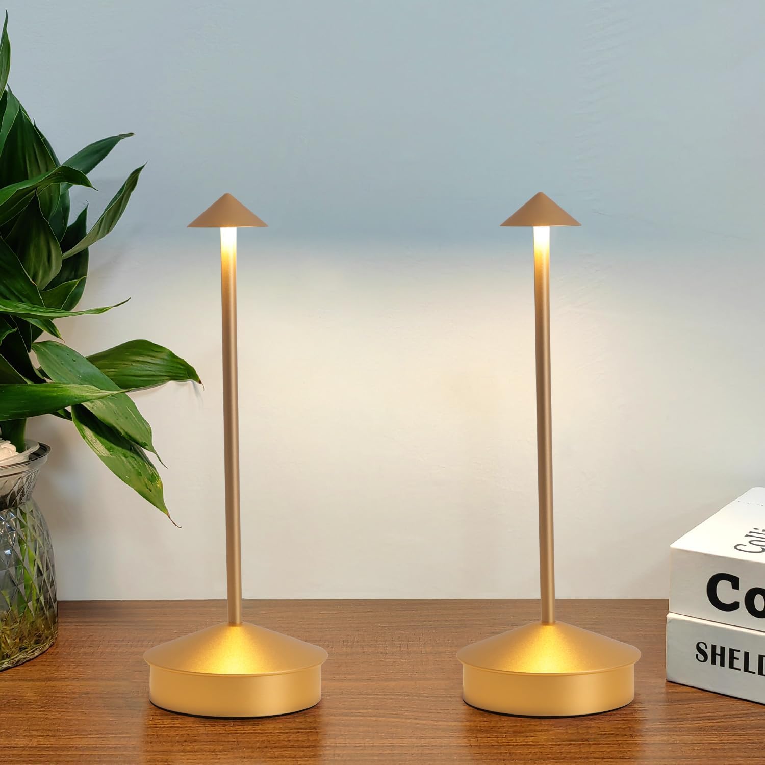 2 Pack Aluminum Cordless Table Lamp, 6000mAh Rechargeable Table Lamps, Portable Touch LED Lamp, Outdoor Waterproof Dimmable Cordless Rechargeable Table Lamps for Restaurant/Patio-(Gold)