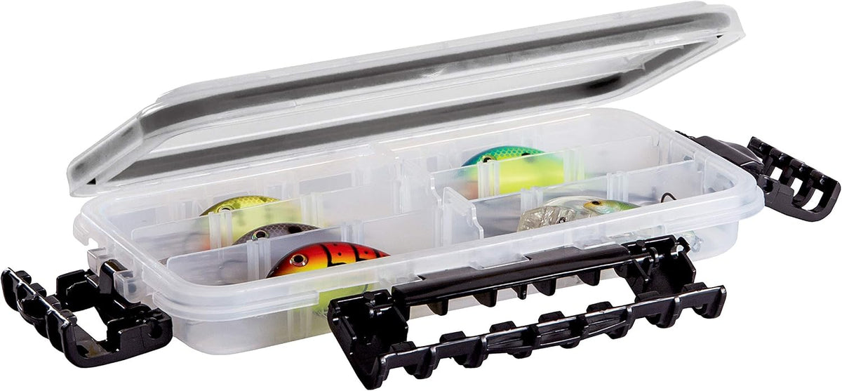 Plano StowAway 3700 Waterproof Deep Open Tackle Box, IPX7 Waterproof, with Rustricor, Single Latch Design, Transparent DuraView Lid, Stackable Storage for Fishing Bait, Lures and Gear