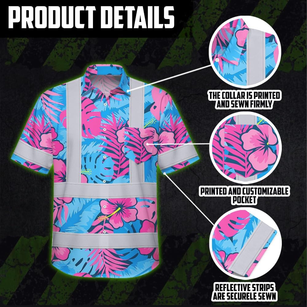 High Visibility Hawaiian Shirt for Men Tropical Shirts Custom Name Floral Outfit Reflective Safety Workwear