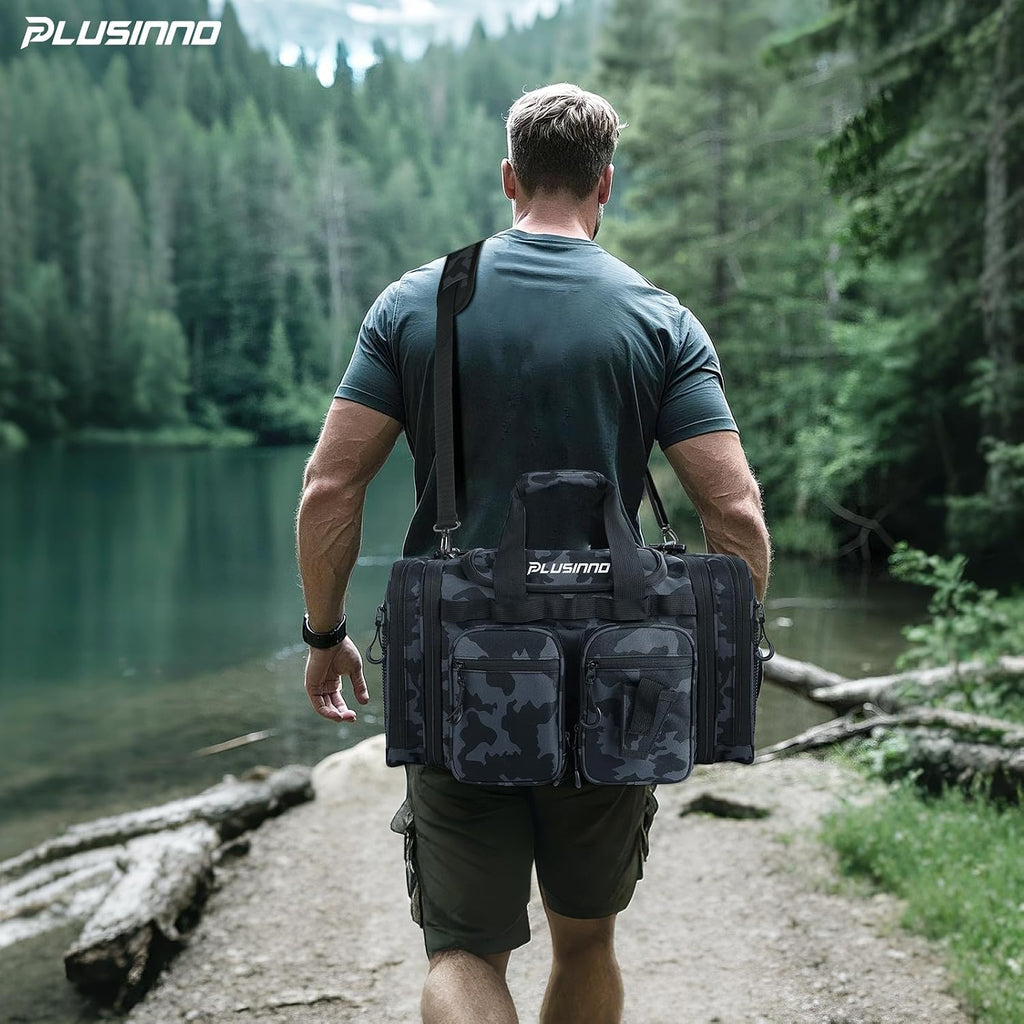 PLUSINNO Tackle Bag - Expandable Fishing Bag with fishing net for Saltwater & Freshwater - Water Resistant Fishing Gear Shoulder Bag For Men