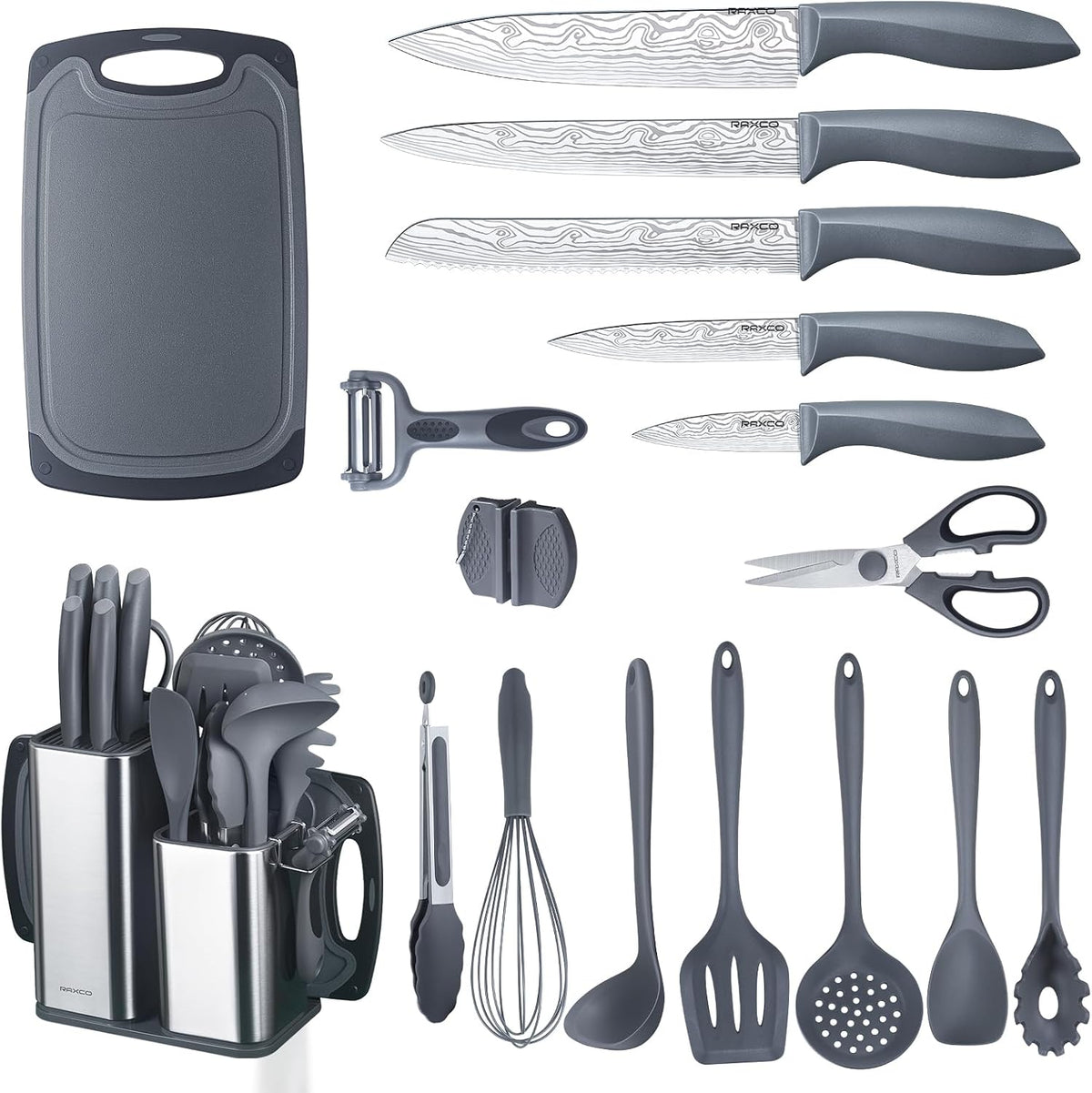 RAXCO Kitchen Utensils Set,18-Piece Cooking Utensils and Knife Set,Black