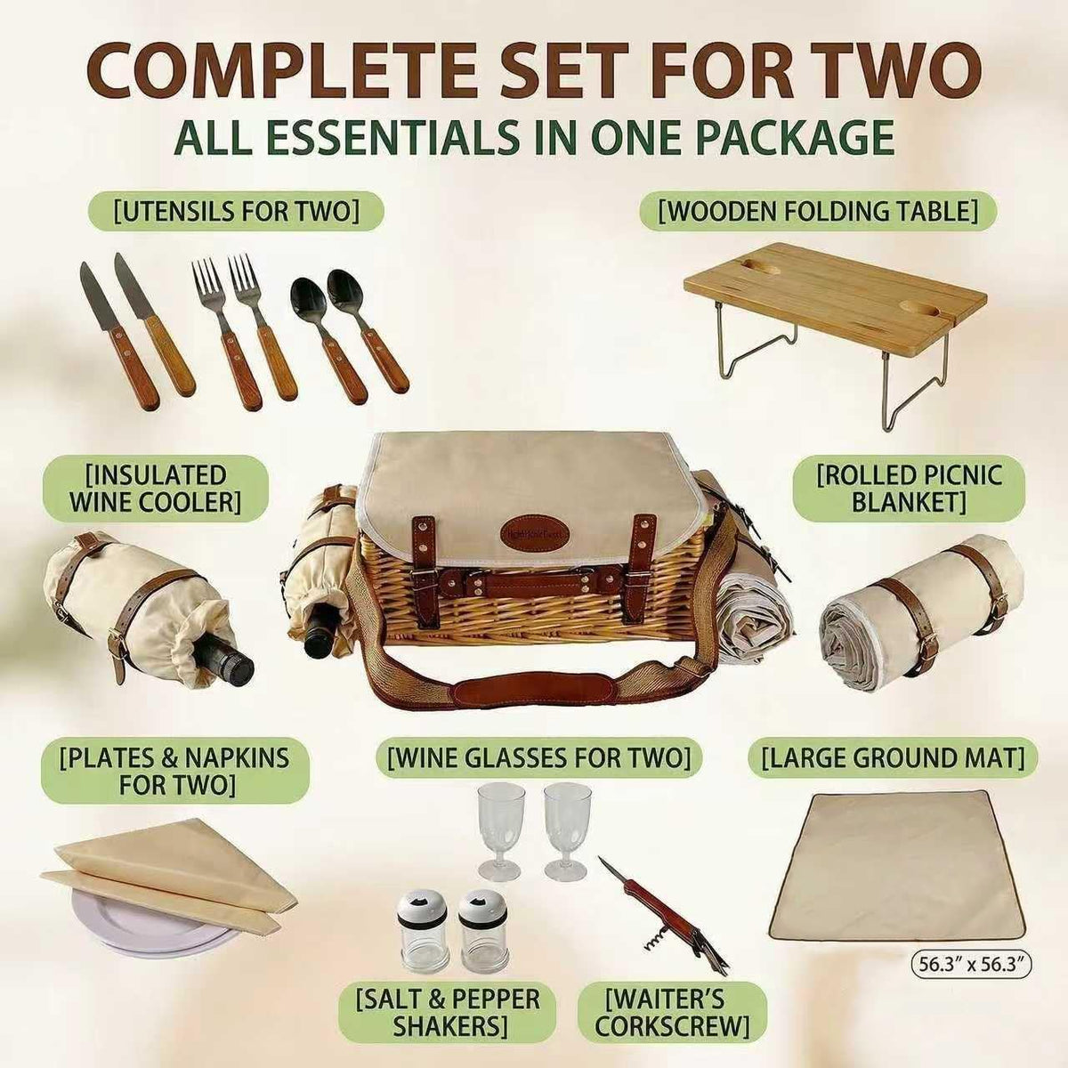 Multifunctional Wicker Picnic Basket Set for 2 Adults with Blankets & Table
