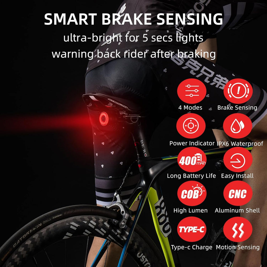 ROCKBROS Bike Tail Light Smart,Brake Bicycle Rear Lights Rechargeable,IPX6