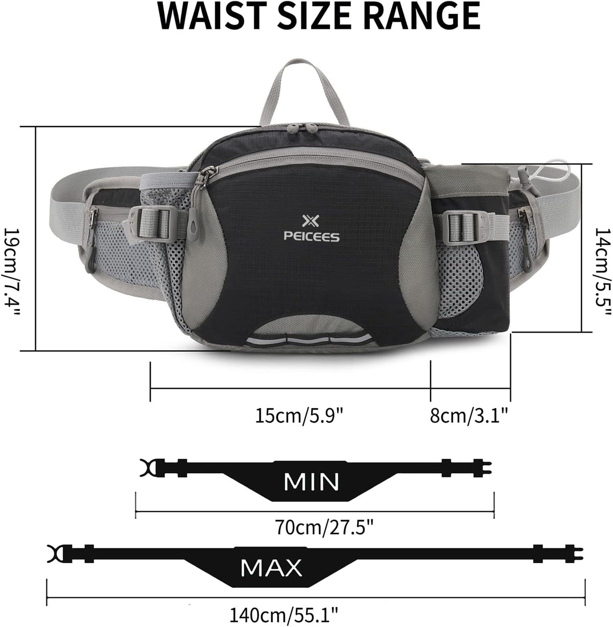 Peicees Hiking Fanny Pack Large Waist Bag for Men Women with Bottle Holder Water Resistant Lumbar Pack for Hiking Camping Fishing Outdoor (Bottle Not Included)